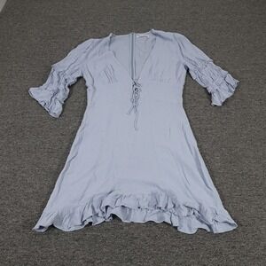 Reformation Laurelei Mini Dress Womens 12 Blue V Neck Ruffle Hem Bell Sleeve